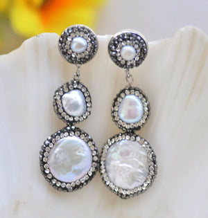 Coin Pearl CZ Dangle Earrings