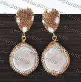 Golden CZ Inlay Coin Freshwater Dangle Earrings
