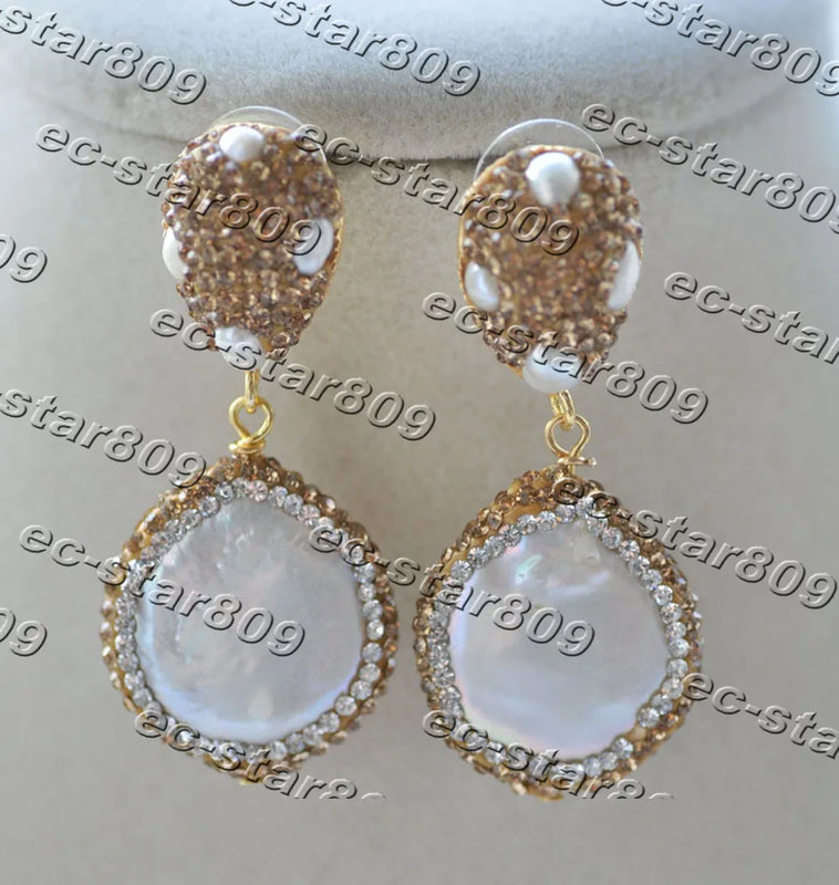 Golden CZ Inlay Coin Freshwater Dangle Earrings