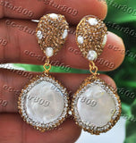 Golden CZ Inlay Coin Freshwater Dangle Earrings