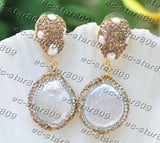 Golden CZ Inlay Coin Freshwater Dangle Earrings