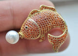 Elegant 38mm Round Pearl Fish Brooch with CZ Detail