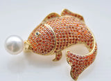 Elegant 38mm Round Pearl Fish Brooch with CZ Detail