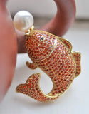 Elegant 38mm Round Pearl Fish Brooch with CZ Detail