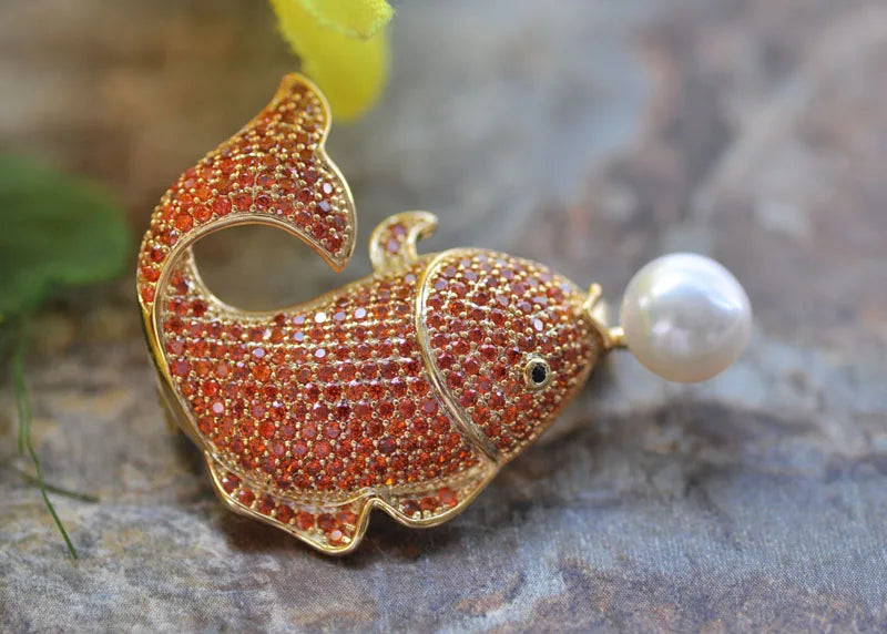 Elegant 38mm Round Pearl Fish Brooch with CZ Detail