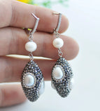 30mm Shuttle Pearl Dangle Earring CZ 925SC