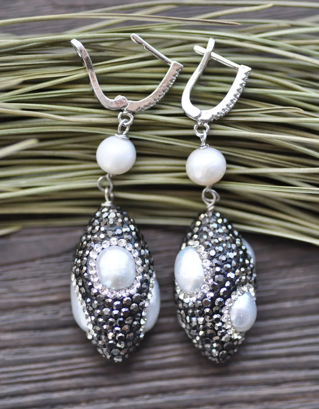 30mm Shuttle Pearl Dangle Earring CZ 925SC