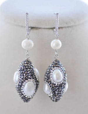 30mm Shuttle Pearl Dangle Earring CZ 925SC