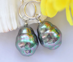 24mm Baroque Peacock-Black Shell Pearl Earrings