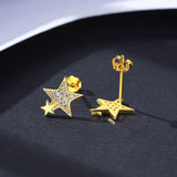 925 Silver Double Star Stud Earrings Zircon Girl Party Jewelry