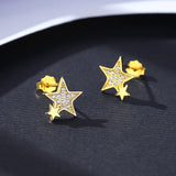 925 Silver Double Star Stud Earrings Zircon Girl Party Jewelry