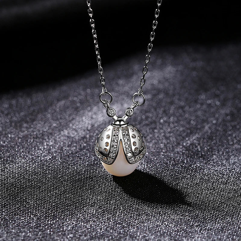 Ladybug Pendant & Necklace With Natural Pearls 925 Sterling Silver Gift