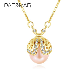Ladybug Pendant & Necklace With Natural Pearls 925 Sterling Silver Gift