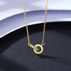 925 Silver CZ Double Circle Necklace Two Round Pendant Chain Jewelry