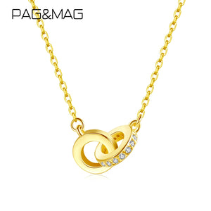 925 Silver CZ Double Circle Necklace Two Round Pendant Chain Jewelry