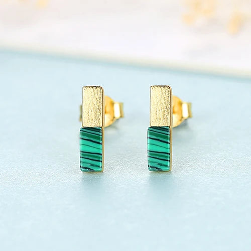 925 Sterling Silver Bar Stud Earring Green Malachite Earrings 925 Jewelry