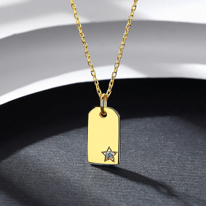 Vintage 925 Sterling Silver Square Star Necklace Woman Zircon Geometric Gold