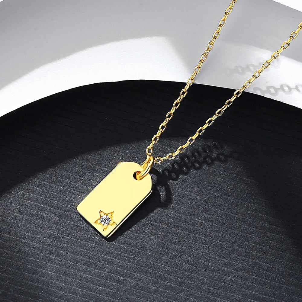 Vintage 925 Sterling Silver Square Star Necklace Woman Zircon Geometric Gold