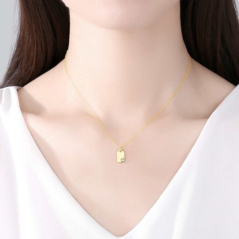 Vintage 925 Sterling Silver Square Star Necklace Woman Zircon Geometric Gold