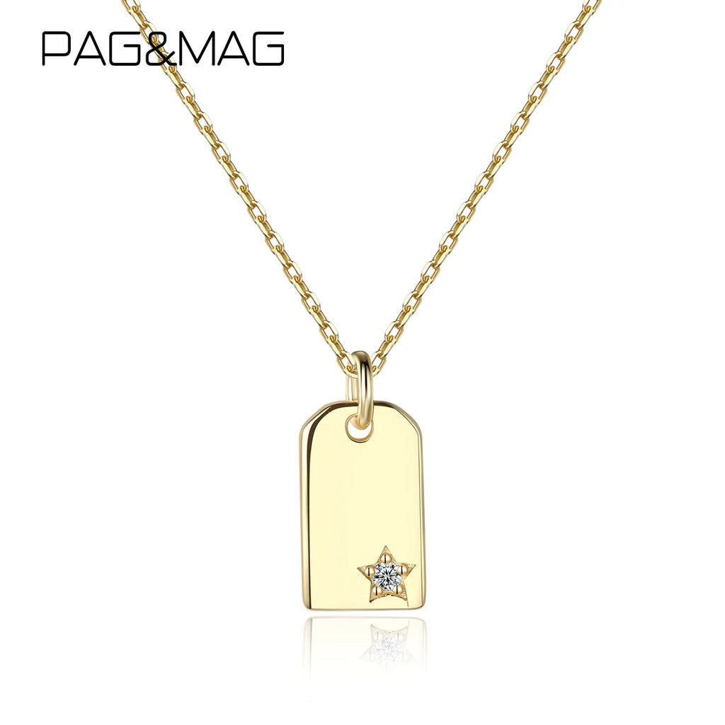 Vintage 925 Sterling Silver Square Star Necklace Woman Zircon Geometric Gold