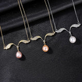 Wing Shape Natural Pearl Pendant Necklace 925 Sterling Silver Zircon Jewelry