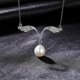 Wing Shape Natural Pearl Pendant Necklace 925 Sterling Silver Zircon Jewelry