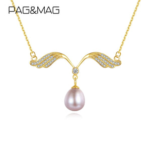 Wing Shape Natural Pearl Pendant Necklace 925 Sterling Silver Zircon Jewelry