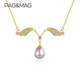 Wing Shape Natural Pearl Pendant Necklace 925 Sterling Silver Zircon Jewelry
