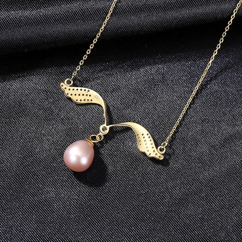 Wing Shape Natural Pearl Pendant Necklace 925 Sterling Silver Zircon Jewelry