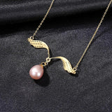 Wing Shape Natural Pearl Pendant Necklace 925 Sterling Silver Zircon Jewelry