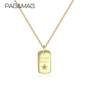 14K Zircon Bar Letter Star Necklace 925 Silver Square Charm Chain Jewelry