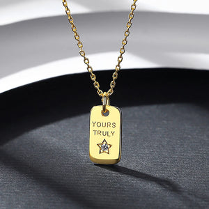 14K Zircon Bar Letter Star Necklace 925 Silver Square Charm Chain Jewelry