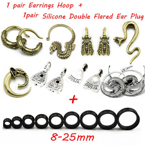 Tribal Brass Earrings Hoop & Silicone Double Flared Ear Taper Plug