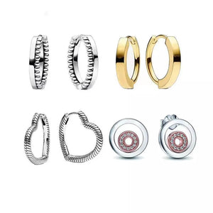 PAN 925 Sterling Silver Hoop Stud Earrings Heart Logo Circles Gift Jewelry
