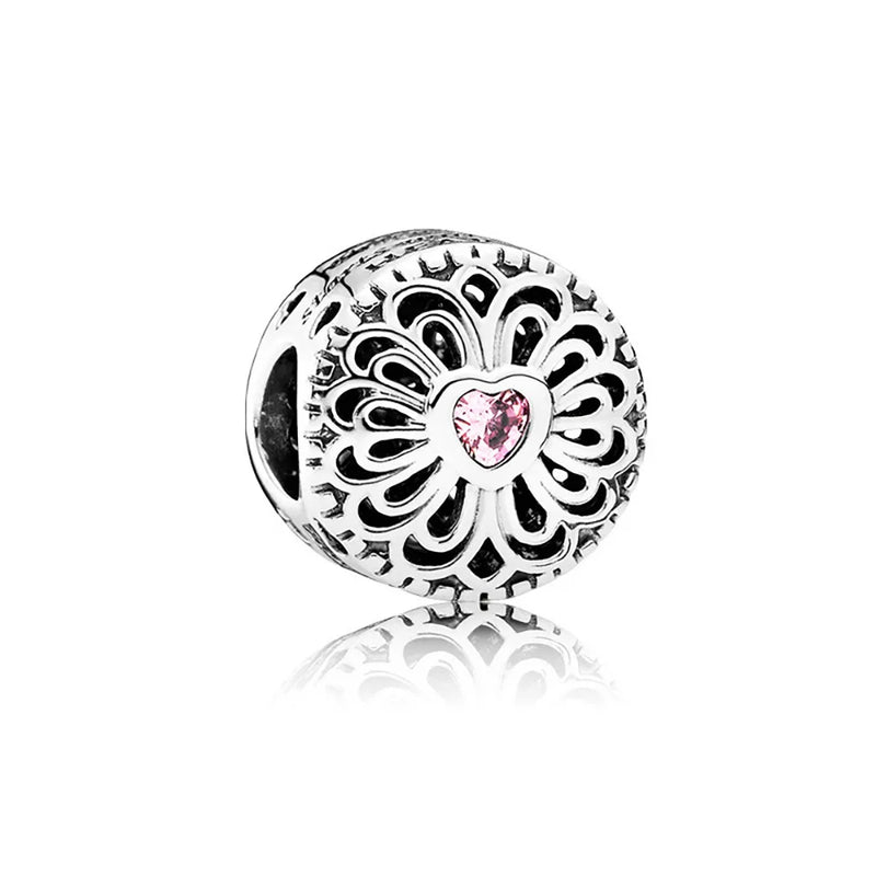 S925 Sterling Silver Heart-Shaped Peach Blossom Charm Red Lips Beads