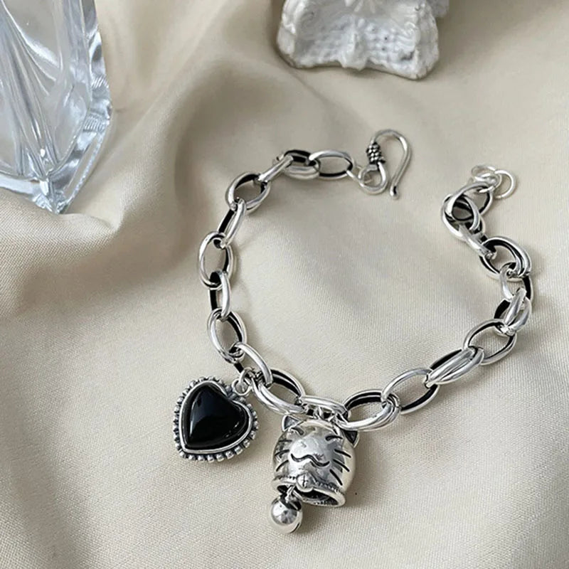 Silver Lucky Cat Bracelet for Women Vintage Birthday Party Jewelry Gift