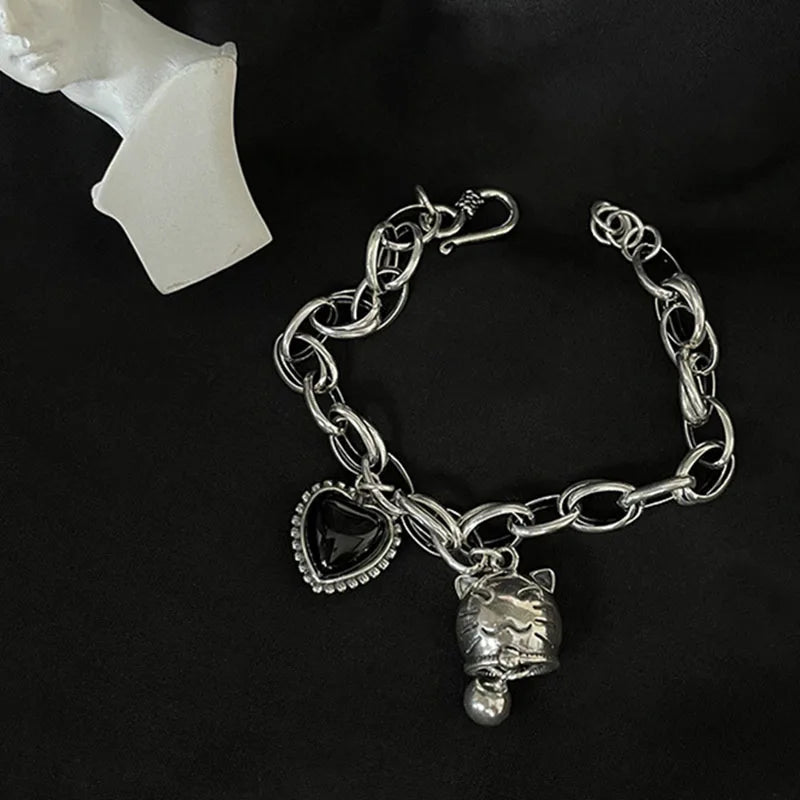 Silver Lucky Cat Bracelet for Women Vintage Birthday Party Jewelry Gift