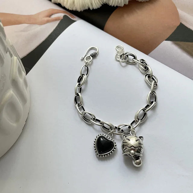 Silver Lucky Cat Bracelet for Women Vintage Birthday Party Jewelry Gift