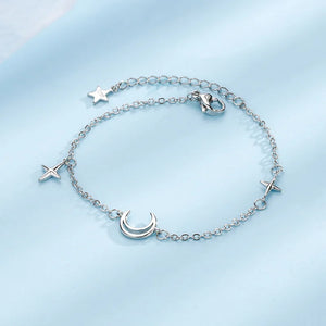925 Silver Double Chain Moon Star Bracelet for Women Girl