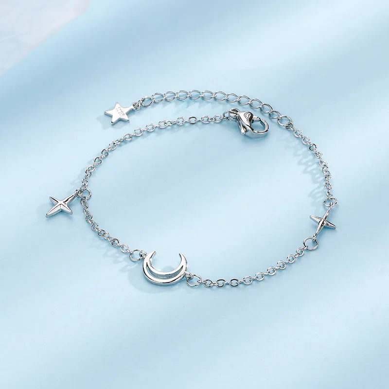 925 Silver Double Chain Moon Star Bracelet for Women Girl