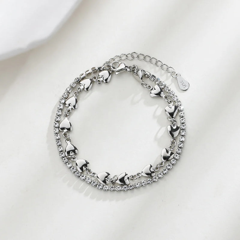 925 Silver Love Shell Heart Bracelet Crystal 2 Layers Gift