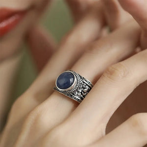 925 Silver Crystal Ring for Women Retro Broad Finger Adjustable
