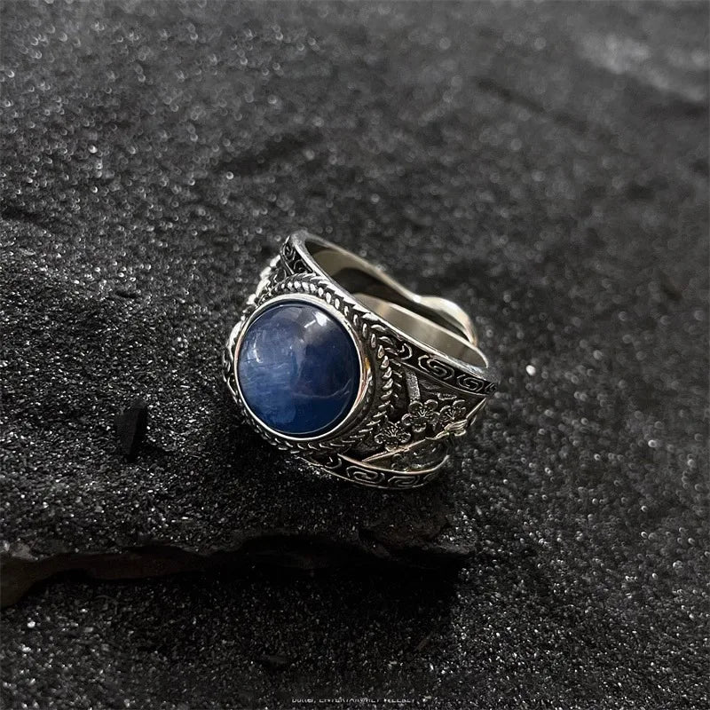 925 Silver Crystal Ring for Women Retro Broad Finger Adjustable