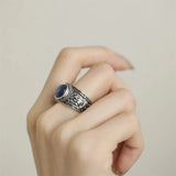 925 Silver Crystal Ring for Women Retro Broad Finger Adjustable