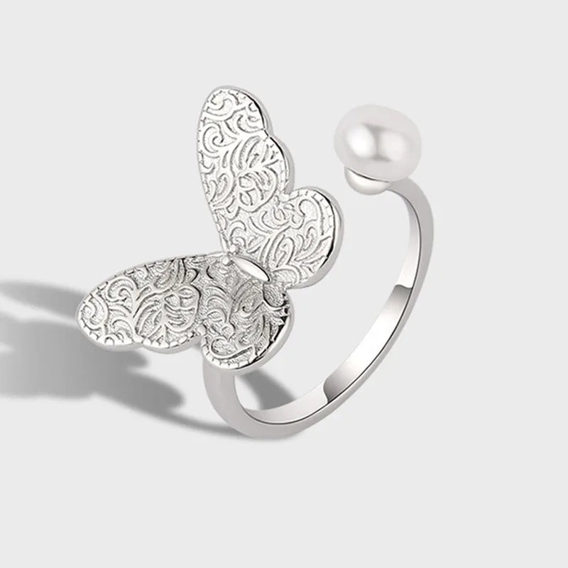 925 Sterling Silver Butterfly Pearl Ring for Women Girl Gift