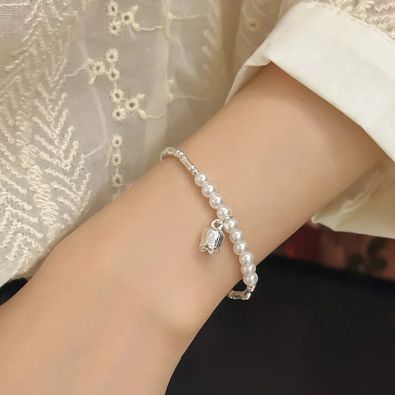 925 Silver Flower Bracelet for Women Girl Pearl Splicing Style