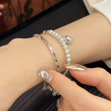 925 Silver Flower Bracelet for Women Girl Pearl Splicing Style