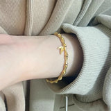 925 Silver Goldn Bamboo Bracelet Women Lucky Retro Jewelry
