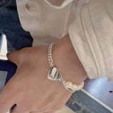 925 Silver Pearl Love Heart Bracelet Asymmetry Tassel Jewelry