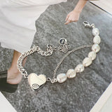 925 Silver Pearl Love Heart Bracelet Asymmetry Tassel Jewelry